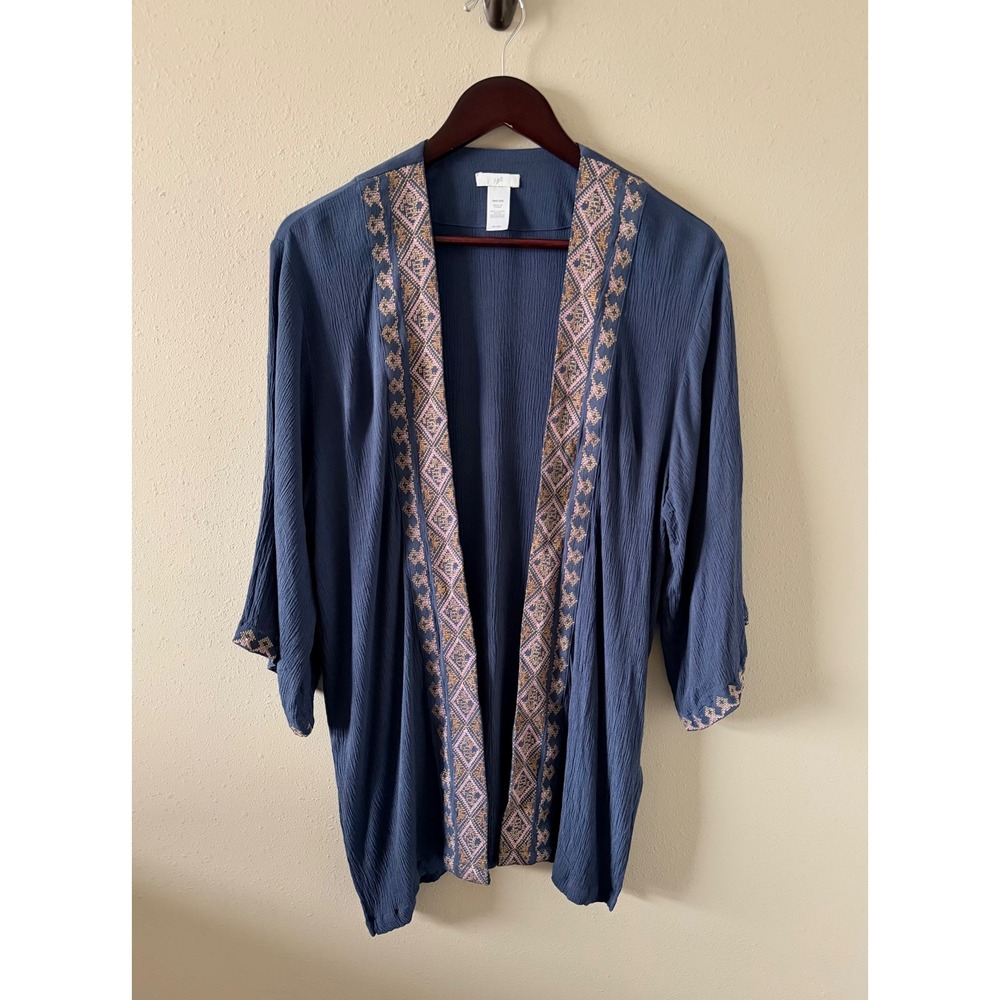 J Jill Boho Embroidered Kimono Duster Navy Festival Resort One Size
